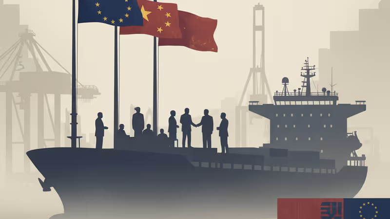 連接北京與莫斯科的發光線條與歐盟標誌交織的地緣政治示意圖