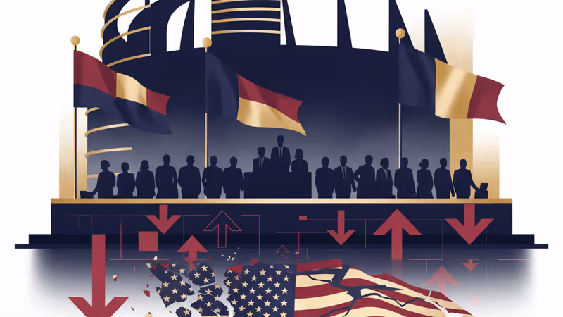 유럽의회 건물과 미국 국기가 대비되는 무역 전쟁 이미지