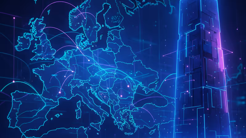 Neural networks glowing over Europe facing a digital monolith representing US tech dominance