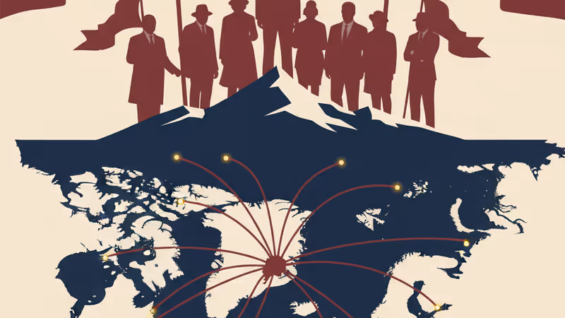 格陵蘭冰原地景與象徵關稅的紅色百分比符號對比