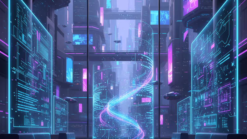 AI導入による人員削減を象徴する、データが流れる無人の銀行ロビー