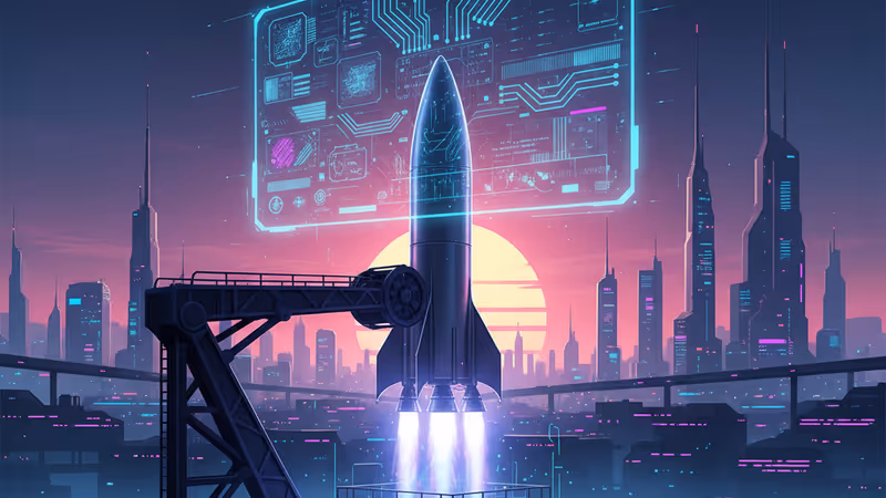 A modern European reusable rocket being tested at a launch facility