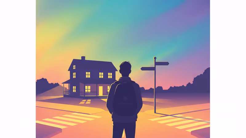 Teenager with a backpack looking back at a house