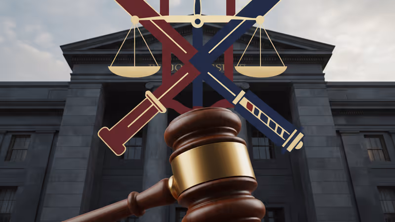 Close-up of a gavel in front of a court building