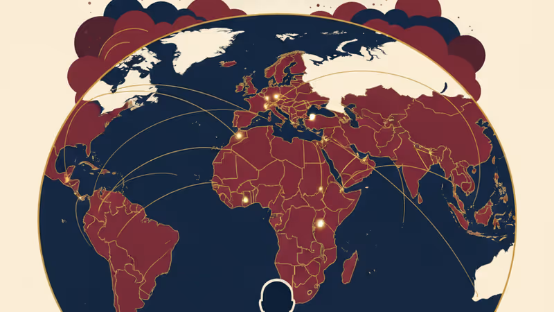 Silhouetted figure looking at a horizon with Iranian symbols