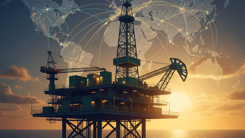 夕暮れ時の石油掘削プラットフォームと劇的な空