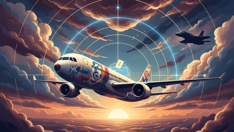 雲が立ち込める空を飛ぶ旅客機と、背後に見える軍事活動の暗い予感