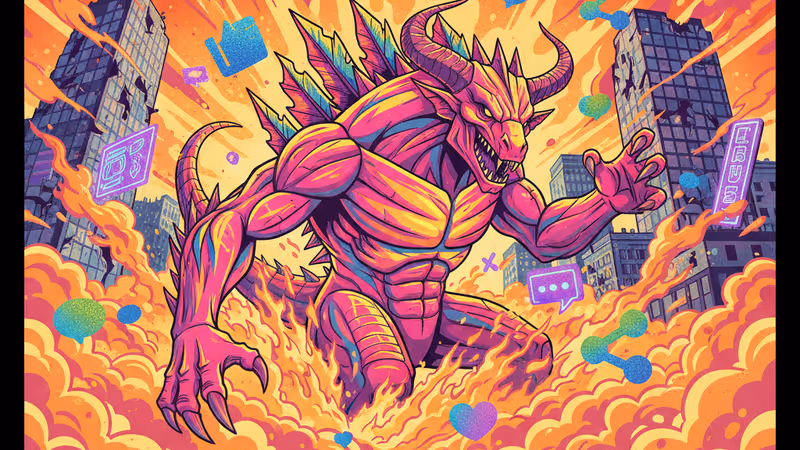 황폐한 도시 폐허 속에서 화염을 뚫고 나타난 거대한 데스클로의 모습