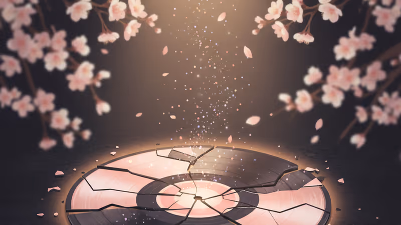 A cracked pink and black vinyl record on a dark surface