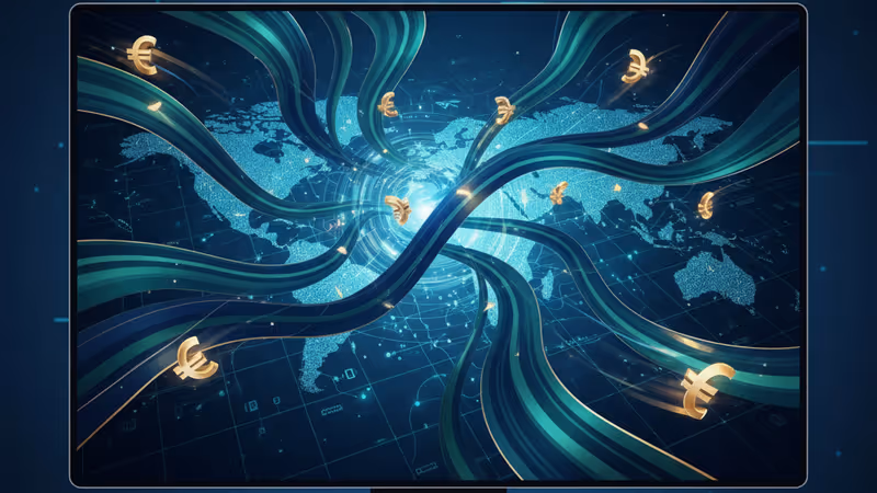 전 세계 주요 금융 도시가 빛나는 선으로 연결된 디지털 지도