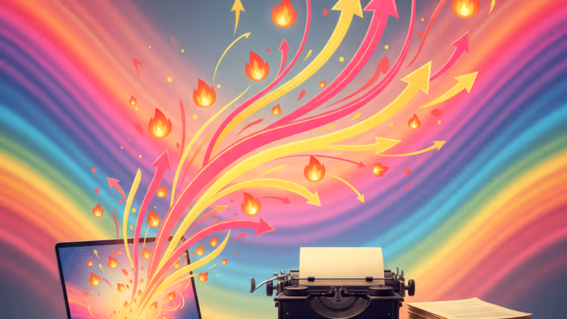 현대적인 사무실 책상 위 노트북과 구형 타자기가 공존하는 모습