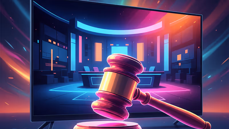 暗い照明のトークショーセットと裁判の木槌