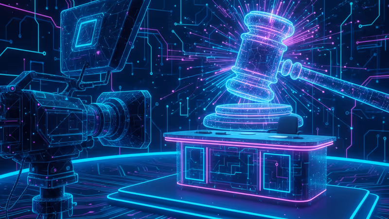 FCC 규제를 상징하는 법정 의사봉과 비어있는 토크쇼 세트장