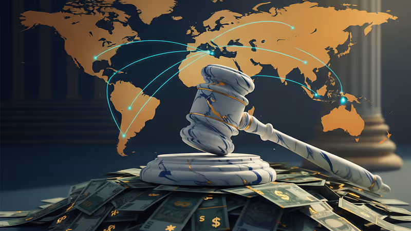 법망과 글로벌 화폐가 얽힌 연준의 위기를 상징하는 이미지