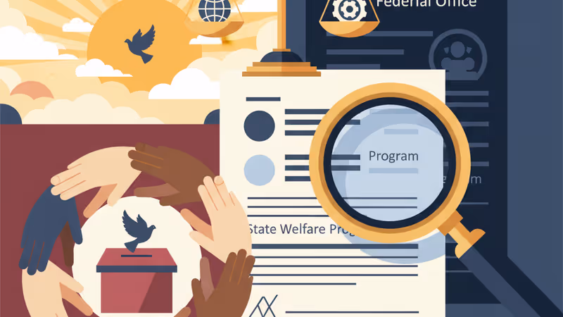 A magnifying glass focusing on welfare documents symbolizing the federal probe.