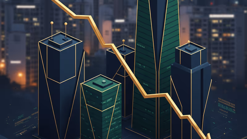 서울 아파트 단지 배경의 하향 곡선 금융 그래프