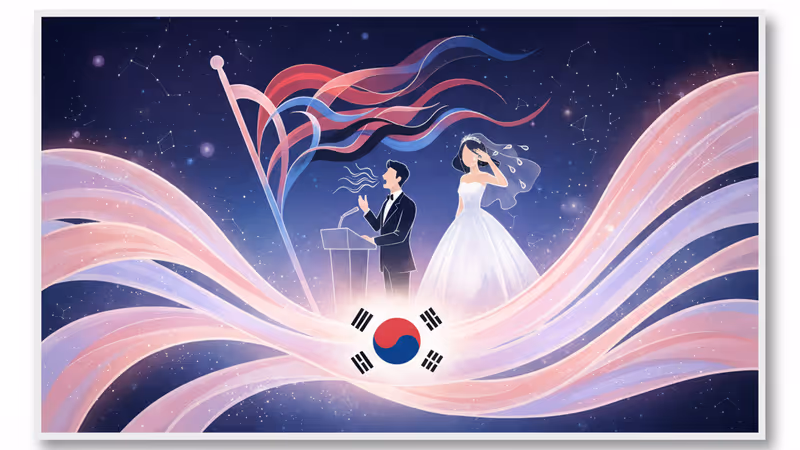 披露宴でスピーチをするベン・カーペンターと、隣で涙を拭う妻ソヒの様子