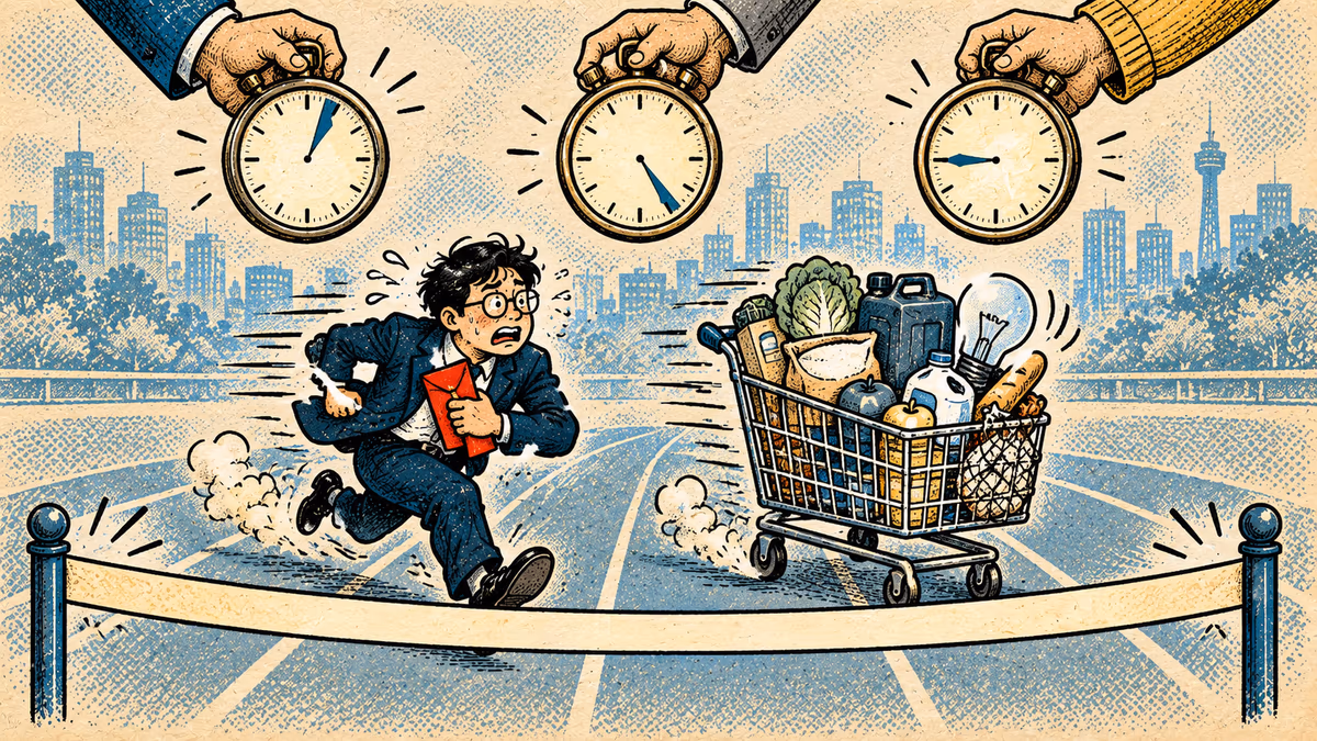 Editorial cartoon. A bespectacled office worker in a navy suit sprints down a running track, sweating and clutching a red pay envelope to his chest. In the next lane, a shopping cart loaded with vegetables, bread, milk, a fuel can and a light bulb rolls along by itself, neck and neck with him. An unbroken finish-line ribbon stretches ahead. From the top of the frame, three hands in a navy suit sleeve, a grey suit sleeve and a mustard cardigan sleeve each hold out a stopwatch, and all three stopwatches point to different positions.