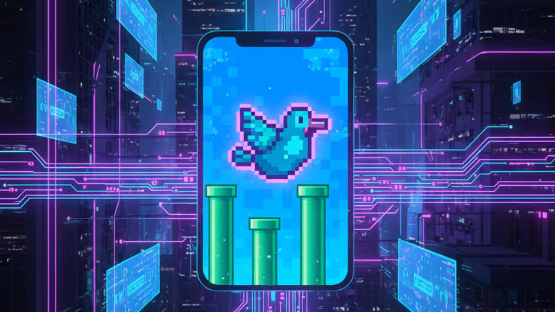 Pixelated bird navigating through green pipes