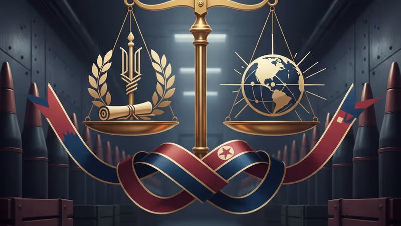 現代化軍需工廠生產線的數位插畫，象徵北韓與俄羅斯的軍事工業合作