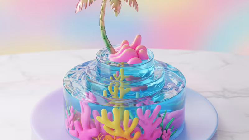 투명한 젤리 바다와 모래사장이 표현된 정교한 섬 모양 케이크