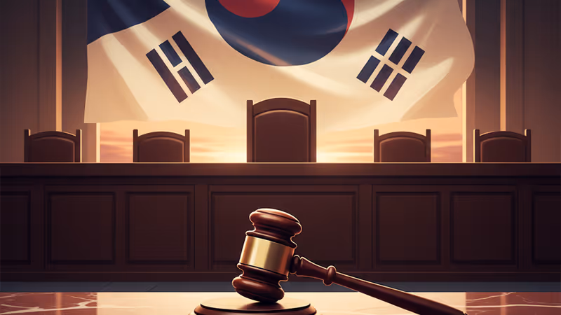 A judge's gavel on a desk in a Seoul courtroom.