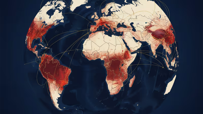 World map with glowing red lines indicating conflict zones in the Middle East and Africa