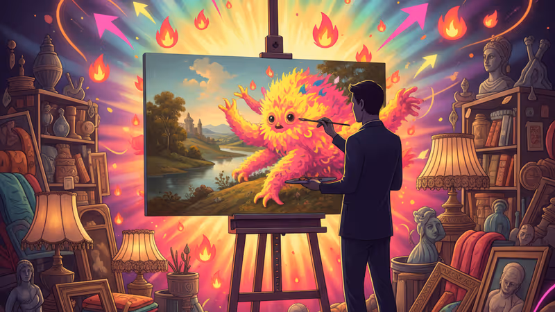 古い風景画にモンスターを描き加えるアーティストの手元