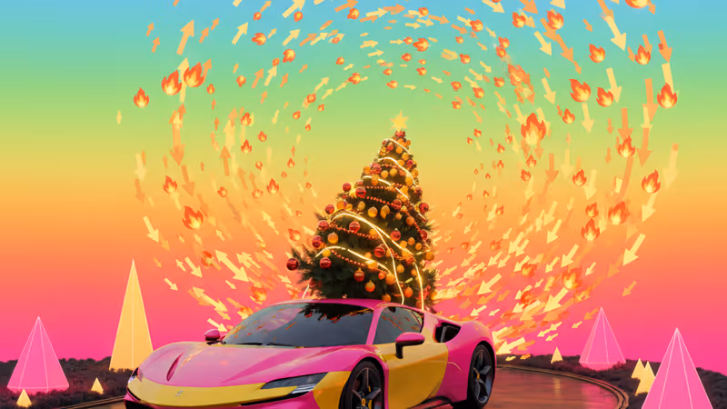 豪華な赤いスポーツカーの屋根に大きなクリスマスツリーを載せて雪道を走る様子