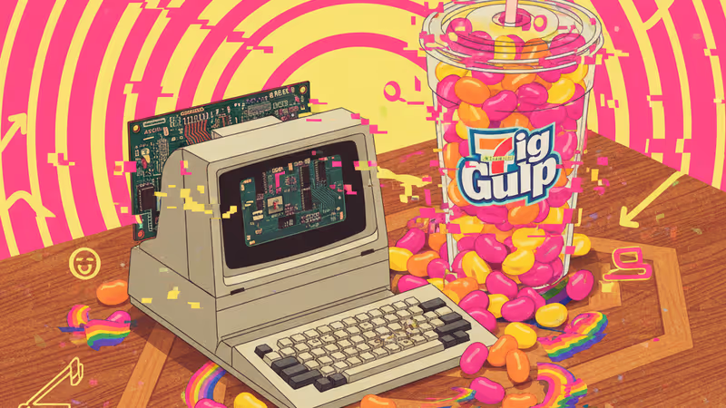 Vintage Apple computer and Big Gulp cup from 1976