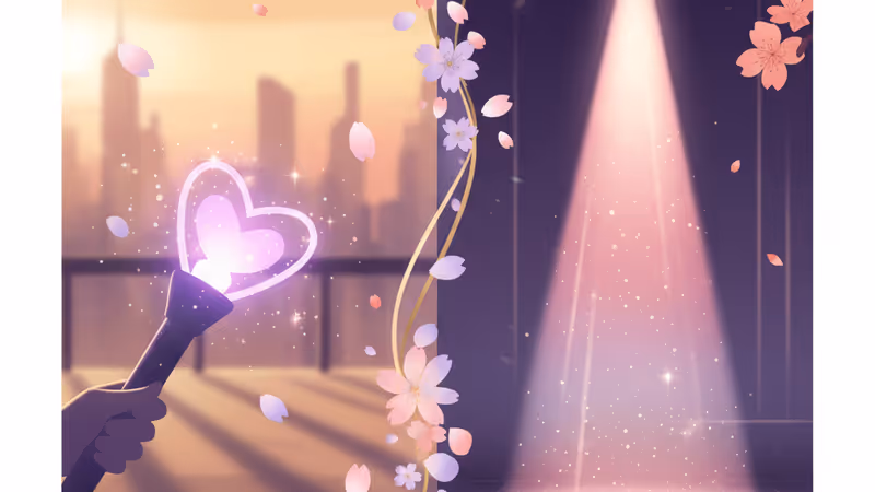 팬에서 아이돌로 데뷔한 이안의 서사를 상징하는 무대 조명과 보랏빛 실루엣