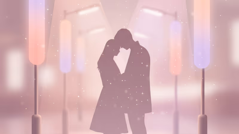 네온 조명 아래 흐릿하게 처리된 아이돌 커플의 실루엣 이미지