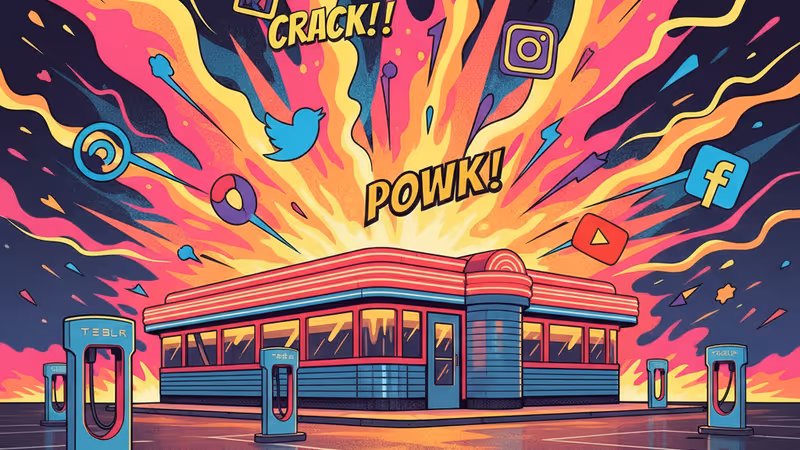 황량한 분위기의 테슬라 다이너 식당 외부 전경