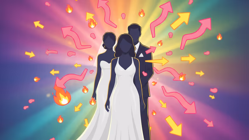 白いドレスを着た姑が新郎新婦の間に割り込む、緊張感漂う結婚式の写真撮影シーン