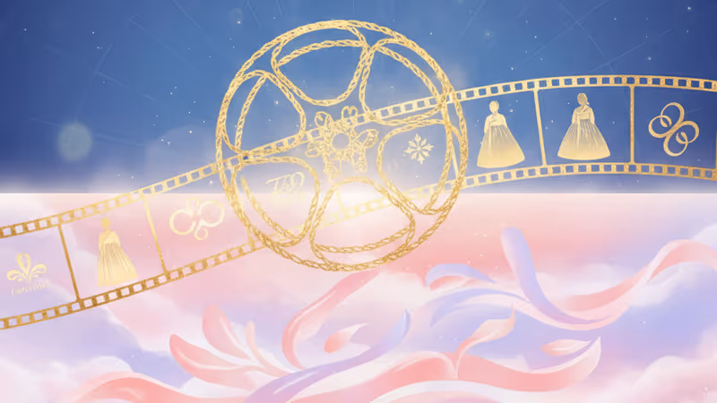 Silhouettes of CF Queens and commercial film strips representing different eras.