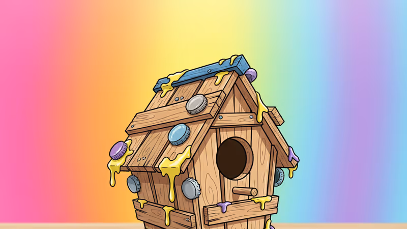 삐뚤빼둘하게 잘못 설치된 목재 울타리와 당황한 사람