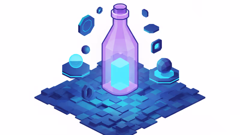 ピクセルアートの海に浮かぶ光るボトルのイメージ