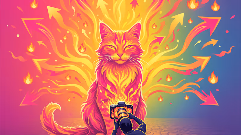 Photographer lying on a street capturing a ginger cat at its eye level