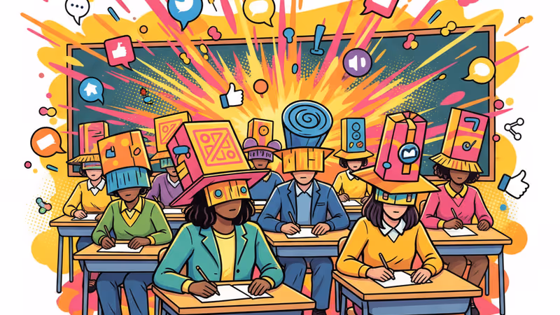 Students wearing various cardboard and paper anti-cheating hats during an exam.