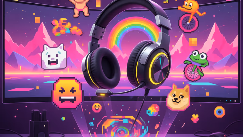 Modern gaming setup with floating holographic meme emojis