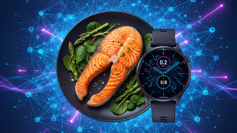 Garmin smartwatch showing nutrition stats next to a healthy meal