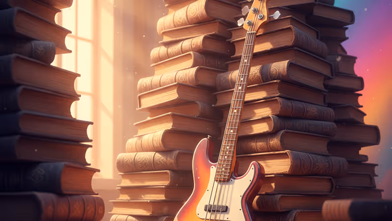 ブロンディのベースと古い哲学書が並ぶ抽象的なイメージ