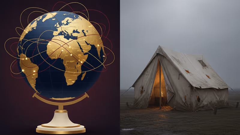 겨울비가 내리는 가자지구 난민 수용소의 텐트 전경