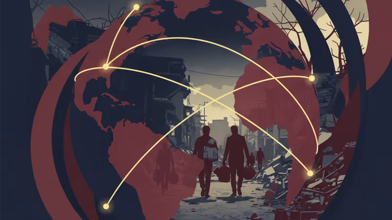 冬の寒空の下、ガザ地区の瓦礫の間に並ぶ避難民のテント