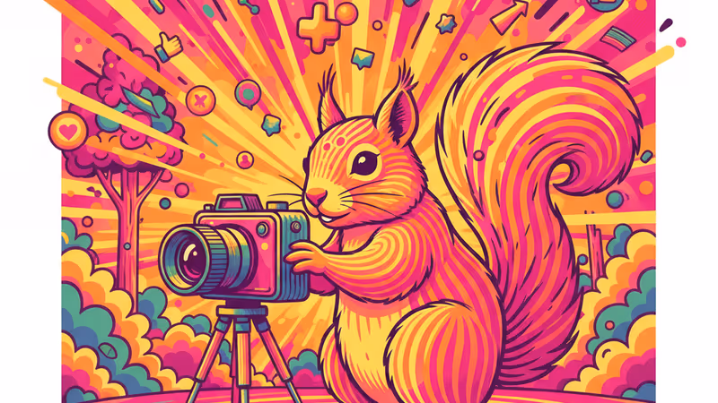 一隻松鼠好奇地擺弄迷你古董相機的攝影作品