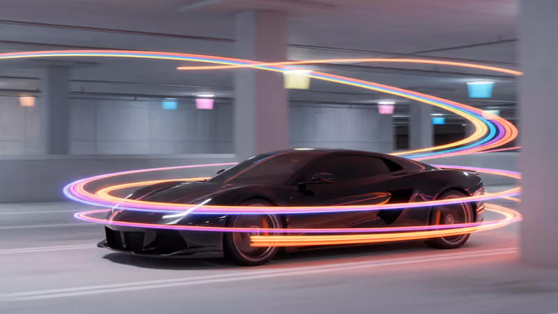 A black luxury car speeding through a dark parking garage