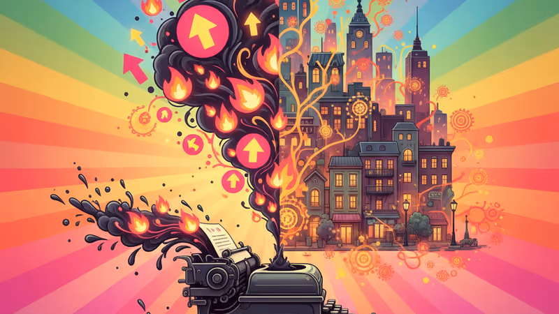 Vintage typewriter and a glowing urban landscape representing literary reimagining.