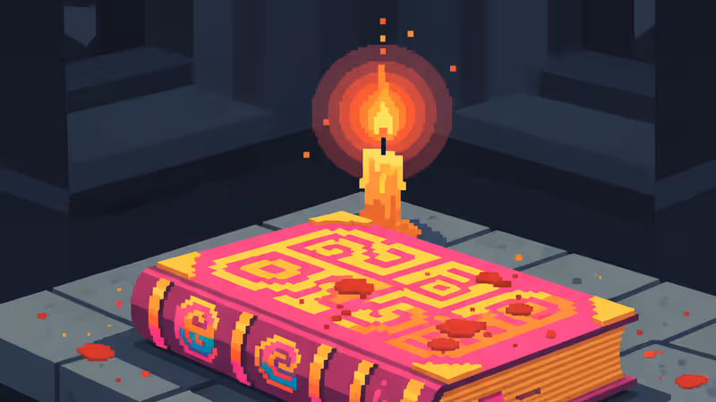 어두운 방 안 돌 탁자 위에 놓인 피 묻은 고서와 촛불