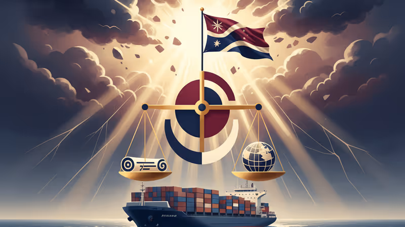 Cargo ship at sea with a Pacific island flag on the mast