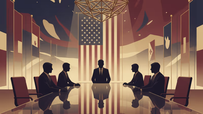 세계 지도 위에 놓인 금색 의사봉과 세계 리더들의 그림자